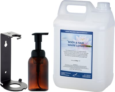 Zeepdispenser 300 ml amber bruin hervulbaar + 5 liter Body & Hair White Lotus navulling (inclusief beugel)
