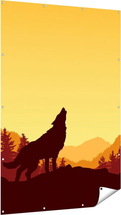 Gards Tuinposter Silhouet van een Wolf in het Bos - Abstract - 120x180 cm - Tuindoek - Tuindecoratie - Wanddecoratie buiten - Tuinschilderij