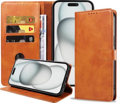 Geschikt voor iPhone 15 Plus Telefoonhoesje Kunstleer met Magnetisch lipje en Pasjeshouder Book Case met Klepje - Bruin - Smartphonica geschikt voor iPhone 15 Plus