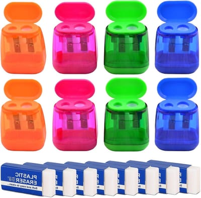 Kleurige Dubbele Gat Potloodslijpers met Deksel en 8 Witte Plastic Gummetjes voor Kinderen en Studenten in de Klas