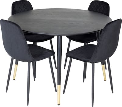 DippØ115BLBR eethoek eetkamertafel zwart en 4 Polar Diamond eetkamerstal velours zwart.