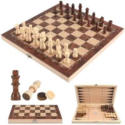 Houten Schaakspel 3-in-1 | Reisschaakbord, Dames en Backgammon | Inklapbaar en Draagbaar