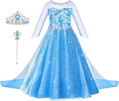 Elsa Kostuum Set voor Meisjes, Prinsessenjurk met Kroon en Toverstaf voor Halloween, Verjaardagsfeest en Cosplay