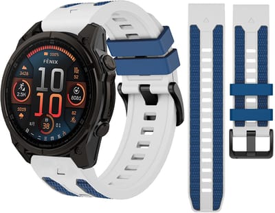 Stravo Premium Duo-kleur Siliconen Horlogebandje – Quickfit 22mm – geschikt voor Garmin Fenix 8 (Pro-E-47mm) - Fenix 7 & 6 (Solar-Pro) - Fenix 5 (Plus) / Forerunner 970-965-955-945 / Epix Gen 2 -Pro 47mm/Quatix 7- 8 / Fenix 8(Pro/E) – Wit / blauw