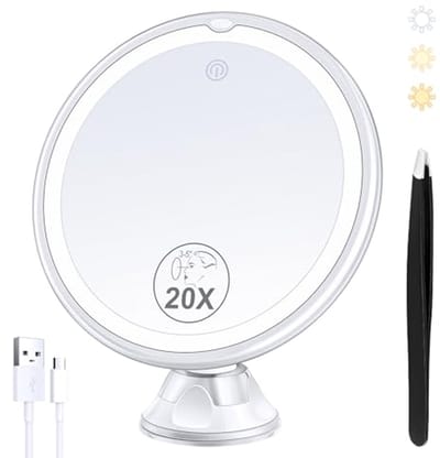 Opladerbare Vergrotende Make-up Spiegel met 3 Kleuren Licht - 8 Inch 360° Draaiende Spiegel met Zuignap en Pinset