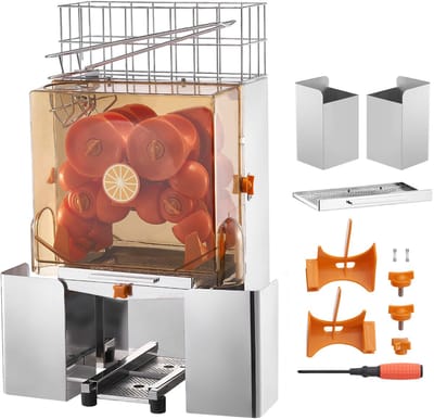 Commerciële Sinaasappelpersmachine, Automatische SaPCentrifuge van 120 W, Roestvrij Staal, Pers 20 Sinaasappels/Min, Wordt Geleverd met Uittrekbare Filterbox, PC-Afdekking, 2 Bakjes Voor Opvangbakken