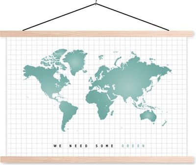 Wereldkaart Groen - Mintgroen - Modern - schoolplaat platte latten blank 150x100 cm - Foto print op textielposter (wanddecoratie woonkamer/slaapkamer)