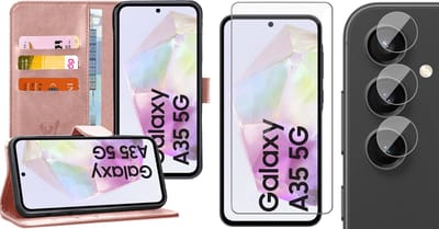 Hoesje geschikt voor Samsung Galaxy A35 - Screenprotector Glas & Camera - Portemonnee Book Case Rosegoud