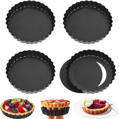 4 Stuks - Quichevormpjes - Met Losse Bodem - Gebak Vormen -Taartvorm - Cakevorm - Taartpan - Fruitcakevorm - Taartbodemvorm - Eiertaartvormen - Quichepan - Bakspullen - Antiaanbaklaag - zwart - ø 9.8 Cm - voor Quiche, Mini Taarten & Koningsdag Gebak