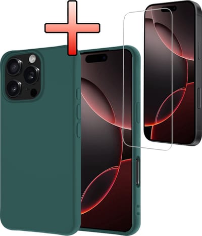 Hoesje - Met Screenprotector - Geschikt voor Apple iPhone 16 Pro - Sterk & Shockproof - Back Cover - Siliconen Case - Telefoon Hoes - Donkergroen