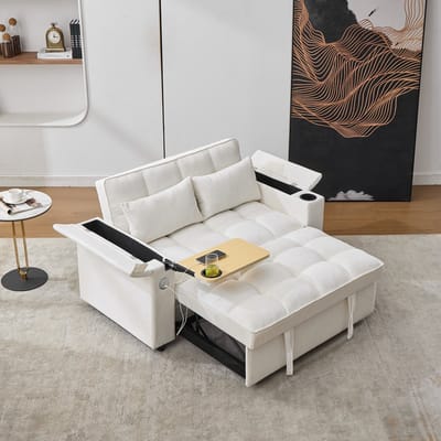 REDOM - Uitklapbare Slaapbank - Verstelbare Rugleuning - Met USB-C, Bekerhouders En Verborgen Tafel - Stof - Beige - 140,5 x 74 x 82 cm