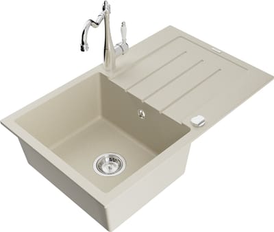 Mexen Bruno granieten spoelbak 1-komorige met afdruiprek en keukenkraan Carla, beige - 6513-69-670700-00