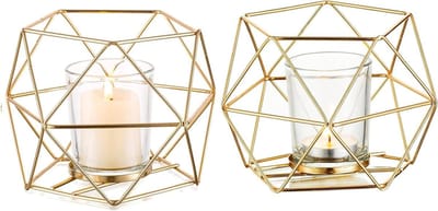 Metalen geometrische theelichthouders - 2 stuks theelichtkaarsenhouders - gouden ornamenten - woonkamer decoratie - moderne kaarsenhouder - bruiloft tafeldecoratie