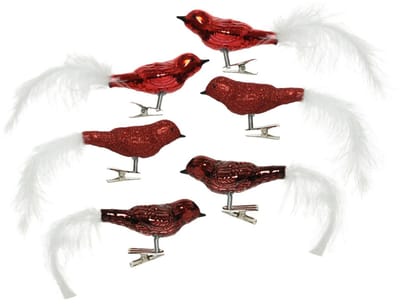 Decoris Decoratie vogels - 6x st - op clip - rood - 8 cm - glas - kerstornamenten - Decoratievogeltjes - bruiloft versiering