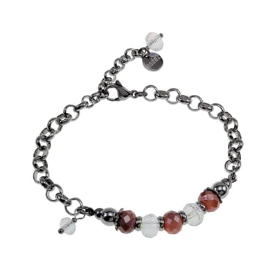 17 tot 20cm Armband Dames - Gepolijst RVS - Zilverkleurige - Ronde Schakelarmband met Orange Kristallen - Verstelbaar