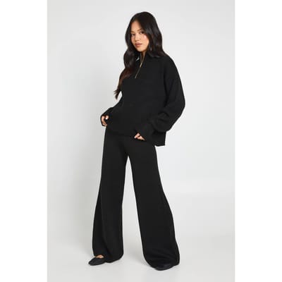 boohoo Dames Petite Superzacht Gebreid Oversized Vest Met Rits En Wijde Broek Co-ord Set | Black | Maat: XS
