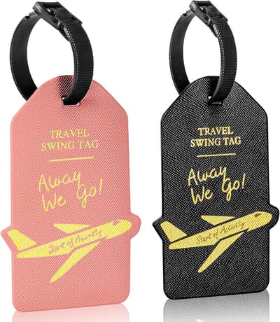 Famanu – Set van 2 PU bagagelabels met naamkaart, robuuste bevestiging – Zwart