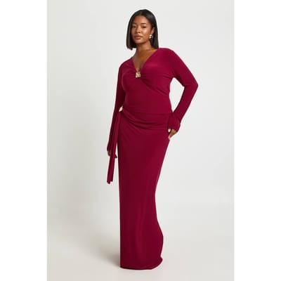 boohoo Dames Plus Size Maxi Rok Met Draperie Detail | Wijn | Maat: 44