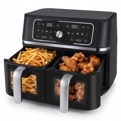 Swiss Haus® AF2309 Dubbele Airfryer XXL - 9L (2x4.5L) – 3100W – Met Kijkvenster – PFAS-vrij – Sync & Match Cook – 10 Programma’s – Heteluchtfriteuse – Zwart