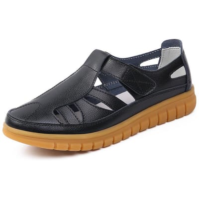Nieuwe Lente Dames Sandalen Holle Gaten Schoenen Bonen Schoenen Casual Moeder Echt Leer Platte Witte Schoenen 41 black