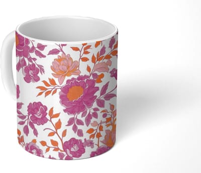 Mok - Koffiemok - Bloemenpatroon - Roze - Oranje - Bloemen - Mokken - 350 ML - Beker - Koffiemokken - Theemok