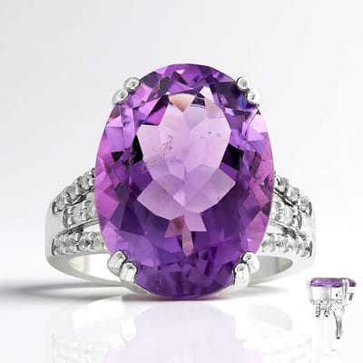 Cavill - Luxe Gerhodineerde 925 Sterling Zilver Ring met 9,765 ct Braziliaanse Ovale Amethist en 0,414 ct Zirkonia - Elegante Paarse Edelsteenring