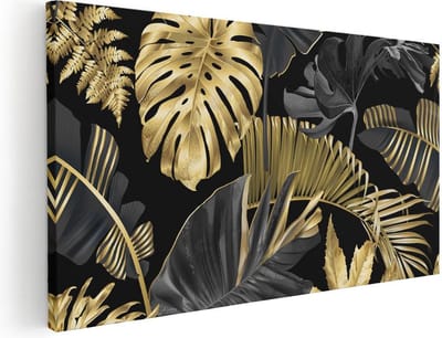 Artaza Canvas Schilderij Botanisch Bladeren - 40x20 cm - Klein - Wanddecoratie Jungle - Muurdecoratie Botanisch - Schilderijen Op Canvas Goud Zwart