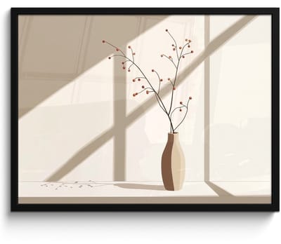 Poster in lijst - Fotolijst 80x60 cm - Posters - Vaas - Takken - Bessen - Minimalistisch - Posterlijst zwart - Decoratie - Wanddecoratie woonkamer - Muurdecoratie slaapkamer