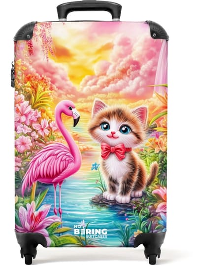 NoBoringSuitcases.com® - Kinderkoffer meisje - Kindertrolley meisjes - Kitten met flamingo in tropisch bloemenparadijs - Handbagage koffer lichtgewicht - Reiskoffer trolley kinderen - Rolkoffer met wieltjes - Past binnen 55x40x20 en 55x35x25