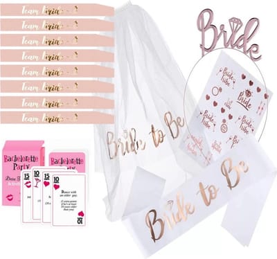 FeestmetJoep® vrijgezellenfeest - Bride to be 31-delig feestpakket Vrijgezellenfeest vrouw & kaartspel - Team bride - Bride to be sjerp - Bride to be sluier - Vrijgezellenfeest met het hele bride team - Team bride sjerp - Bride to be 9 personen
