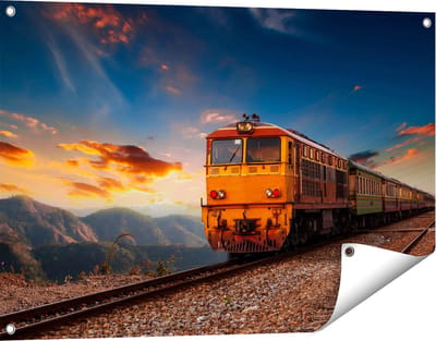 Gards Tuinposter Trein tussen de Bergen in Thailand - 90x60 cm - Tuindoek - Tuindecoratie - Wanddecoratie buiten - Tuinschilderij