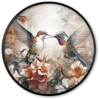 Poster in lijst Rond - Fotolijst 60x60 cm - Posters - Kolibrie - Vogels - Bloemen - Natuur - Ronde posterlijst zwart - Decoratie - Wanddecoratie woonkamer - Muurdecoratie slaapkamer