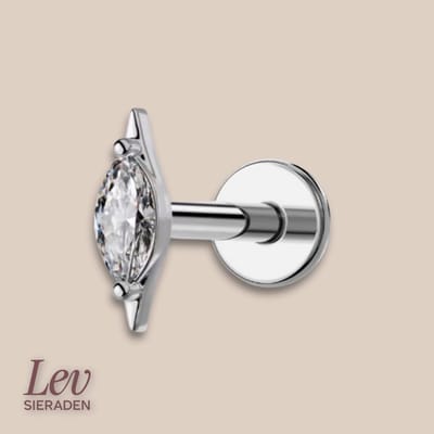 Lev Sieraden - Zilver kleur Titanium Push Pin Labret piercing transparant steen ovaal oor, labret piercing