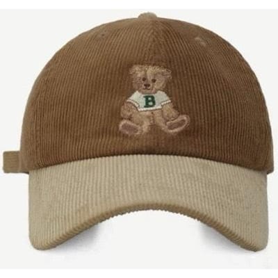 Casquette de baseball en velours côtelé avec broderie d'ours, mignonne pour l'automne et l'hiver, pour femmes  Casquette de baseball rétro bicolore pour hommes  Grande circonférence de tête pour affiner Adjustable brown