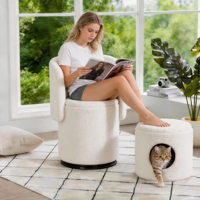 Draaibare Opbergkruk - 360° - Teddy Stof - Wit - Met Opbergruimte - Incl. Kattenmand - Art Deco Modern