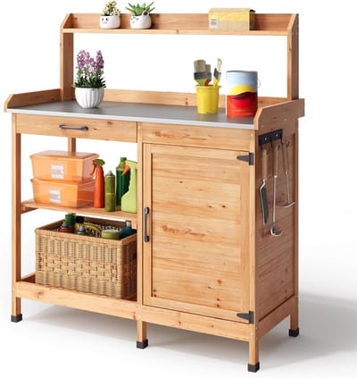 Plantentafel Hout - Tuintafel Werkbank - Planten Verzorgen - Verstelbaar Rek - 112 x 46 x 125 cm - Geel