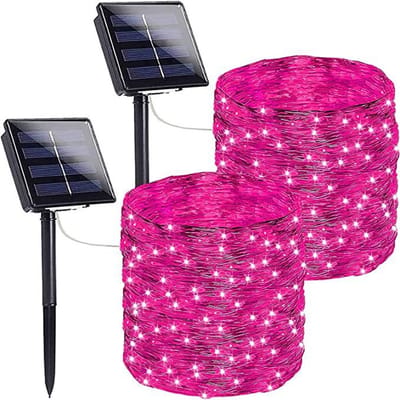 LED-zonnelamp met acht standen, lichtsnoer met sterrenhemel, decoratief lichtsnoer voor buiten, kerstsfeer, roze, 7 meter, 50 lampjes