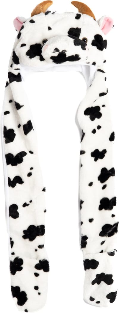 KIMU® Muts Wanten Koe - Sjaalmuts met Oortjes Stier Zwart Wit Vlekken - Bontmuts Kinderen - Volwassenen Klein Hoofd - Koeienmuts Pluche Kindermuts Rund Os Festival