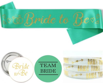 Vrijgezellenfeest set Bride to Be en Team Bride mint groen, goud en wit 18-delig - vrijgezellenfeest - button - bride to be - sjerp - mint - armband