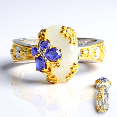 Cavill - Elegante Zilveren Ring 925 met Ovaal Parelmoer 14x10 mm en 0,504 ct Tanzaniet - Ovaal Design met Gele Bloemen - Damesring met Certificaat