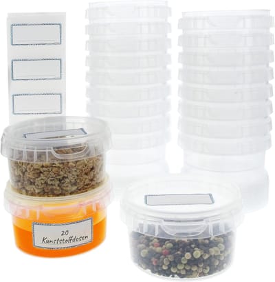 20 stuks plasticbekers met deksel 240ml, rond Ø 95mm, kleine potjes transparant, herbruikbare plastic voorraaddosen met sticker