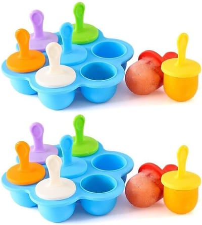 2-stuks siliconen ijsvormpjes - IJsvormpjes - Baby-ijsvormpjes - Met stokjes - Vriezerbak - IJsmaker - IJsvormpje - Mini-ijsvormpjes - Voedseldoos met 7 vakken - Lollymaker - Met stokjes - Blauw