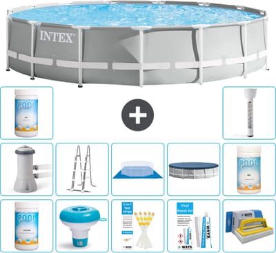 Intex Rond Prism Frame Zwembad - 457 x 107 cm - Grijs - Inclusief Pomp - Ladder - Grondzeil - Afdekzeil Chloor - Chloordrijver - Testrips - Reparatiesetje - Scrubborstel - PH-waarde - PH-waarde - Thermometer