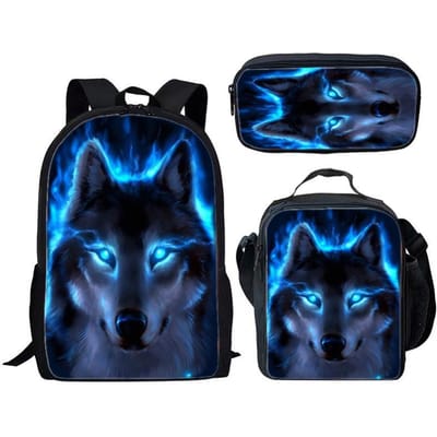 Drie delige set met Wolf thema voor Kinderen en Basisschoolleerlingen, Rugzak met Grote Capaciteit, Lunchbox, Etui