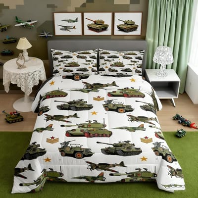 Oorlogsthema Set Volledige Maat, Vliegtuigen Tanks Beddengoed Set Voor Kinderen Jongens Slaapkamer Decor, Retro Legergroen Vliegtuigen Tanks Zacht Polyester AU Double(180x210cm)