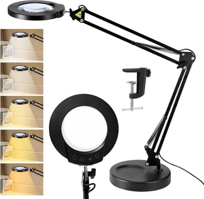 Vergrootglas met Licht en 5 Kleuren, Dimbaar, 2-in-1 Bureau Lamp en Klem, LED Vergrootglas voor Hobby's, Handwerken, Lezen en Naaiwerk