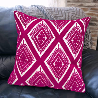 Alysheer Geborduurde decoratieve sierkussenhoes 45,7 x 45,7 cm, boho geometrisch modern dik borduurpatroon, duurzame katoenen canvas zachte kussenhoes voor bank, bed, woonkamer (fuchsia roze)