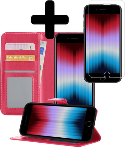 Hoesje - Met Screenprotector - Geschikt voor Apple iPhone SE (2022) - Luxe Pasjeshouder - Bookcase Portemonee - Flip Case - Kunstleer Book Case - Flipcase - Book Cover - Walletcase - Portemonneehoes - Telefoonhoesjes - Donkerroze