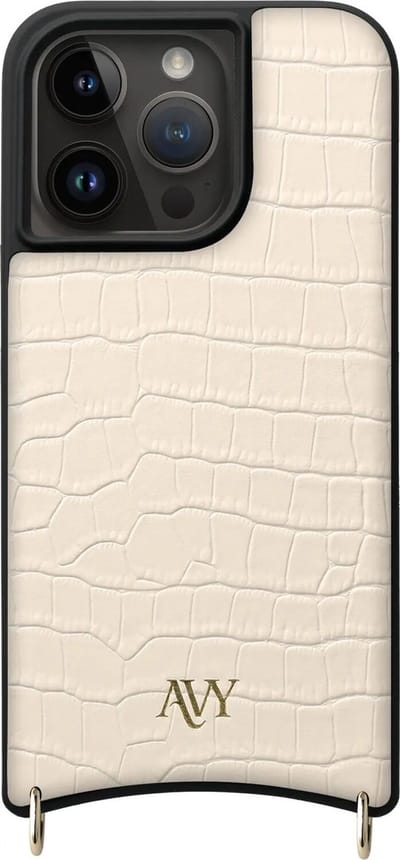 AVY Leren Hoesje geschikt voor Apple iPhone 15 Pro | Compatibel met MagSafe | Leather Case | Back Cover | Haakjes voor koord | Croco Beige