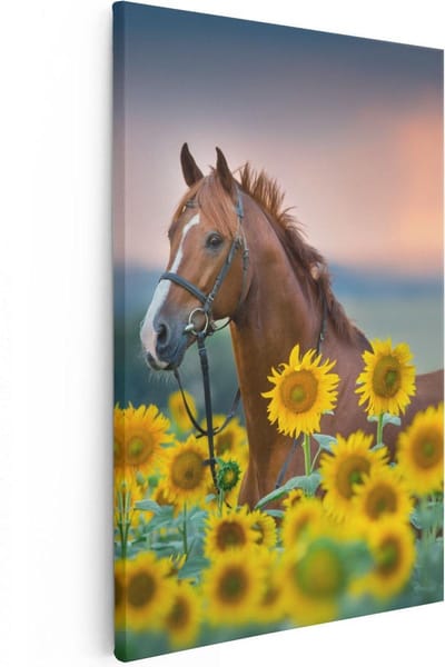 Artaza Canvas Schilderij Paarden - 20x30 cm - Klein - Wanddecoratie Dieren - Muurdecoratie Zonnebloem - Kamer Accessoires Woonkamer